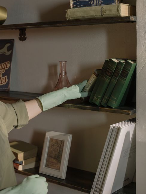 A woman wearing yellow rubber gloves and a light purple apron is engaged in surface cleaning inside a residential space. She is holding a green, leafy artificial plant and appears to be dusting or wip